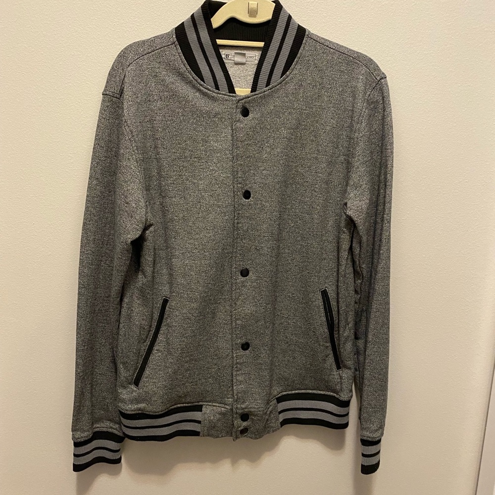 Mens Charles and a Half gray and black snap Varsity jacket size medium. Preowned
